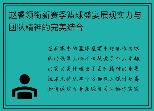 赵睿领衔新赛季篮球盛宴展现实力与团队精神的完美结合