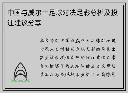 中国与威尔士足球对决足彩分析及投注建议分享