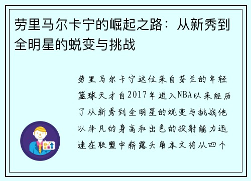 劳里马尔卡宁的崛起之路：从新秀到全明星的蜕变与挑战