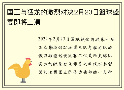 国王与猛龙的激烈对决2月23日篮球盛宴即将上演
