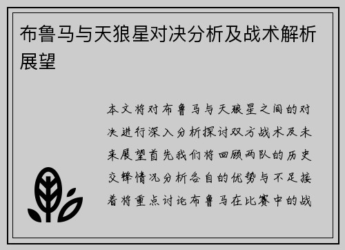 布鲁马与天狼星对决分析及战术解析展望