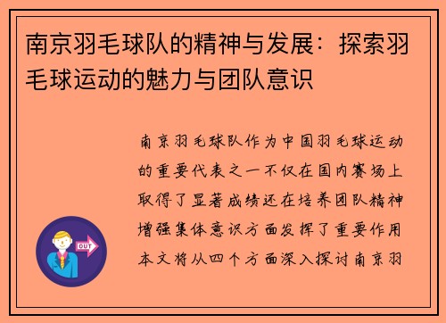 南京羽毛球队的精神与发展：探索羽毛球运动的魅力与团队意识