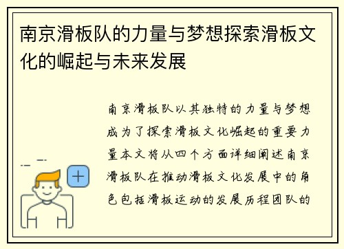 南京滑板队的力量与梦想探索滑板文化的崛起与未来发展