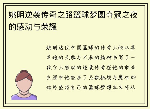 姚明逆袭传奇之路篮球梦圆夺冠之夜的感动与荣耀
