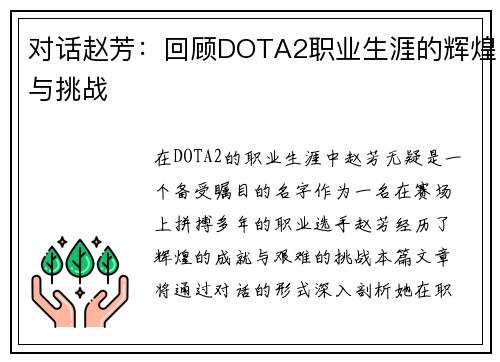 对话赵芳：回顾DOTA2职业生涯的辉煌与挑战