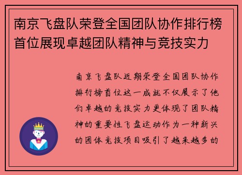 南京飞盘队荣登全国团队协作排行榜首位展现卓越团队精神与竞技实力
