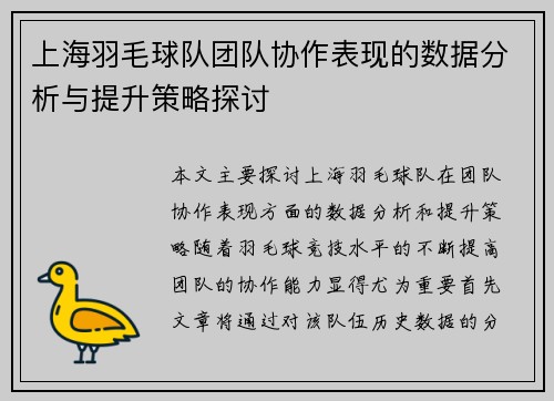 上海羽毛球队团队协作表现的数据分析与提升策略探讨