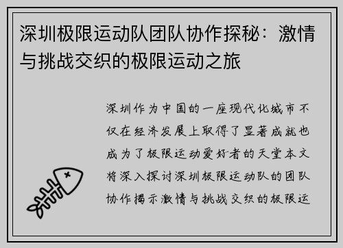 深圳极限运动队团队协作探秘：激情与挑战交织的极限运动之旅