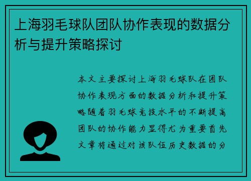 上海羽毛球队团队协作表现的数据分析与提升策略探讨